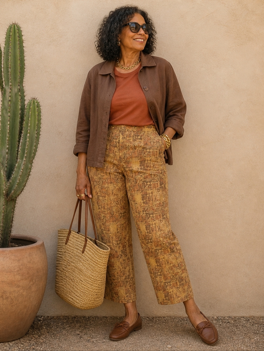 Womens Linen Blend Tiki Ethnic Print Crop Pants Size 14 Summer Cool